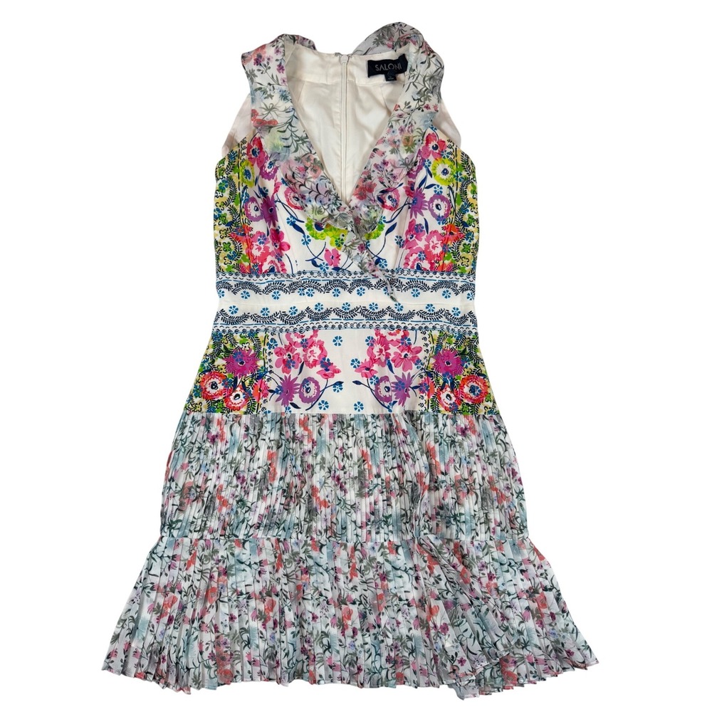 Saloni Amy Floral Silk Mini Dress Sleeveless Ruffle Pleated Tiered Size 4